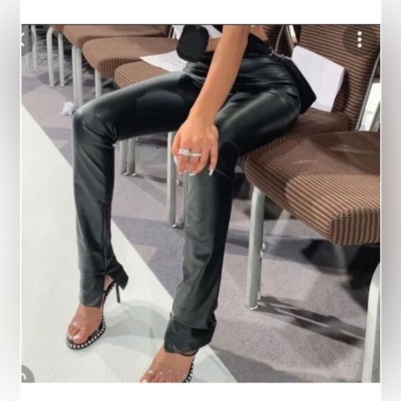 ZARA Faux Leather Slim Flare Leg Pants Split Hem Bootleg Slit  Black small NWT - Picture 2 of 11